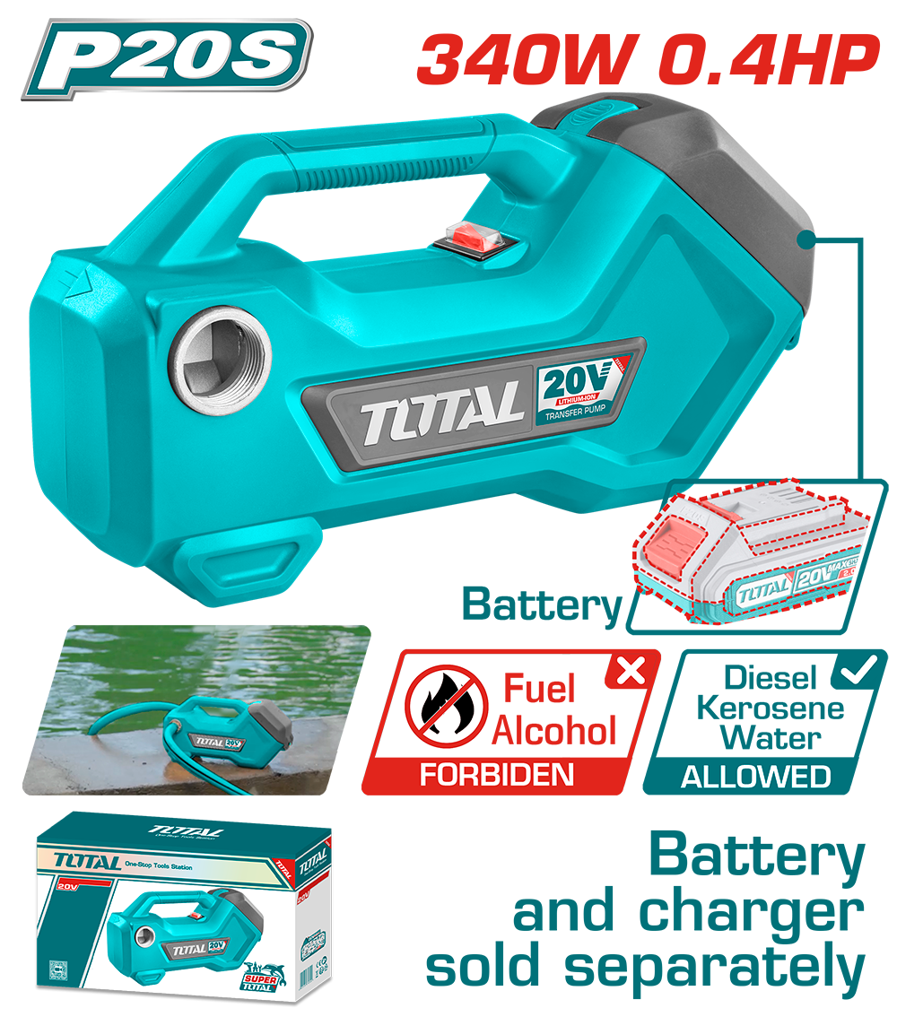 Pompa de transfer TOTAL 20V, 3/4'', pe acumulator, debit 48 l/min, PROFESIONALA