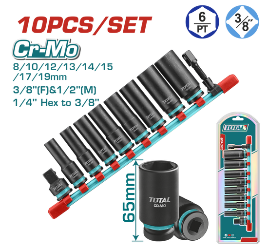 Set tubulare de impact adanci TOTAL 3/8", Cr-Mo, 10 piese