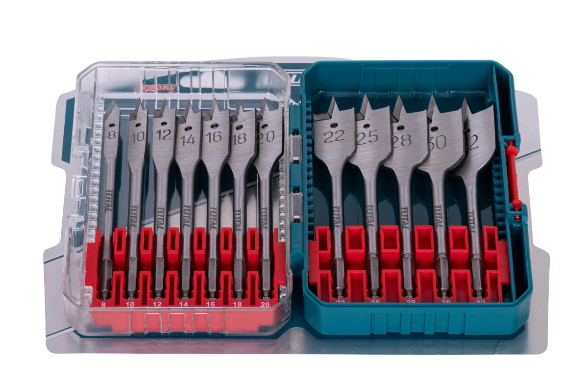 Set 12 burghie plate pentru lemn TOTAL, 8–32 mm, tija hex 1/4"