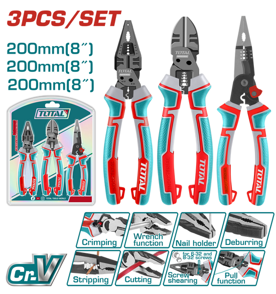 Set 3 clesti multifunctionali TOTAL Cr-V, universal, varf lung si taiere, 200 mm