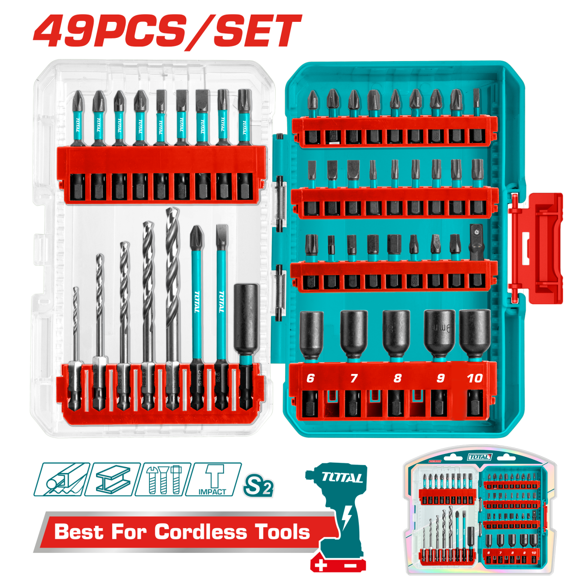 Set 49 piese TOTAL pentru masina de insurubat cu impact, biti si burghie HSS