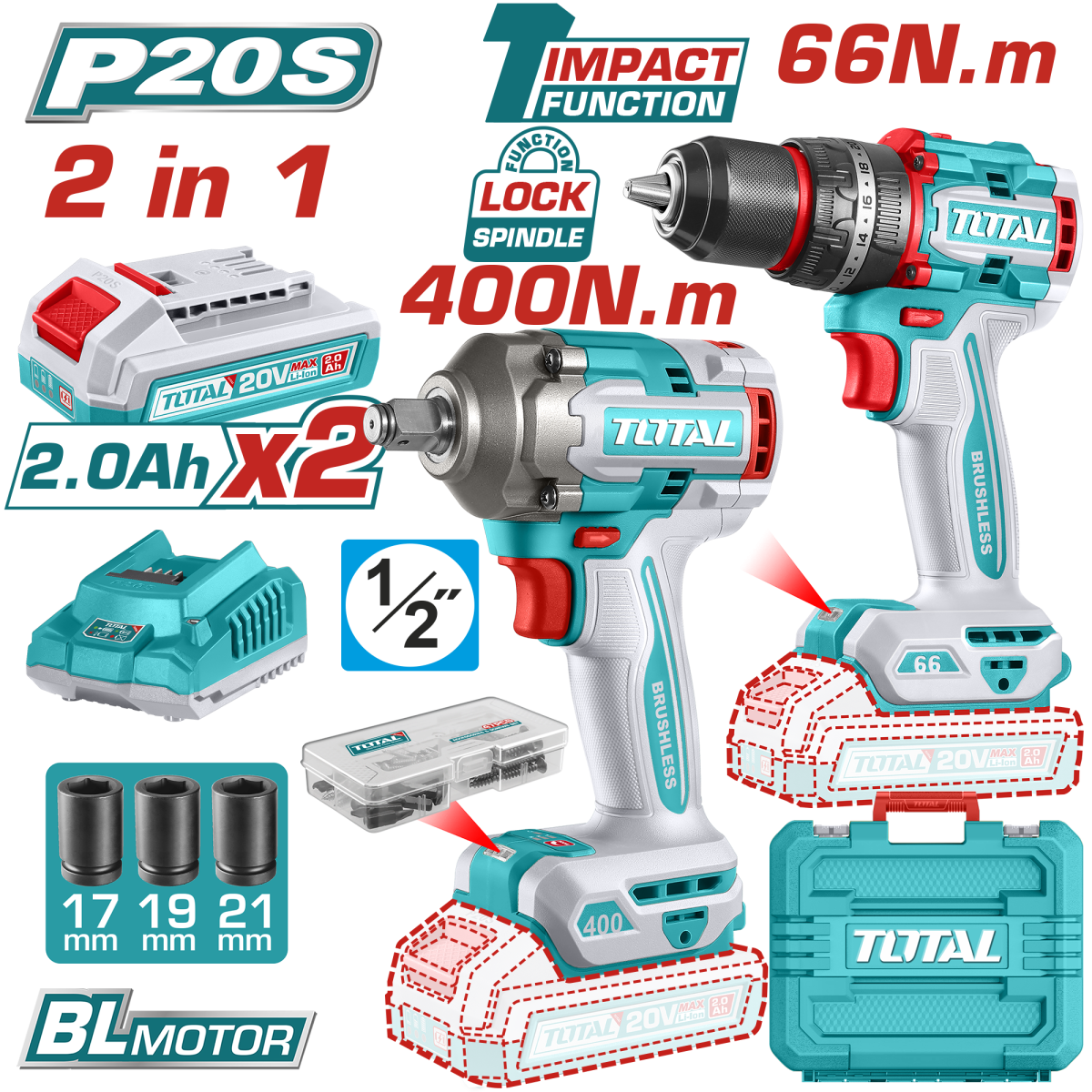 Set Scule Electrice Total 20V | Motor Fara Perii | Masina Gaurit + Cheie Impact | 2 Acumulatori