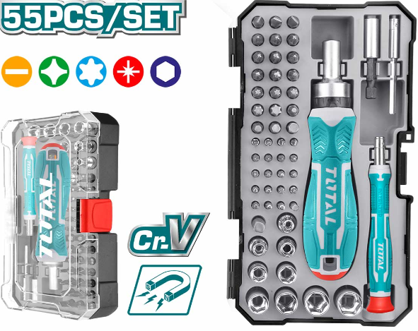 Set surubelnita cu clichet TOTAL, 55 piese – INDUSTRIAL