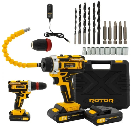 Trusa autofiletanta pe acumulator ROTOR RCD21, 21V, motor brushless, 2 viteze, 30 Nm, 2 acumulatori + accesorii