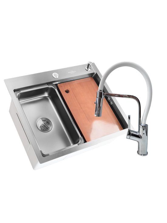 SET Chiuveta SanDonna HD6050 din inox handmade cu dozator de sapun si tavita de scurgere + Baterie flexibila SanDonna ANDRA - Inox
