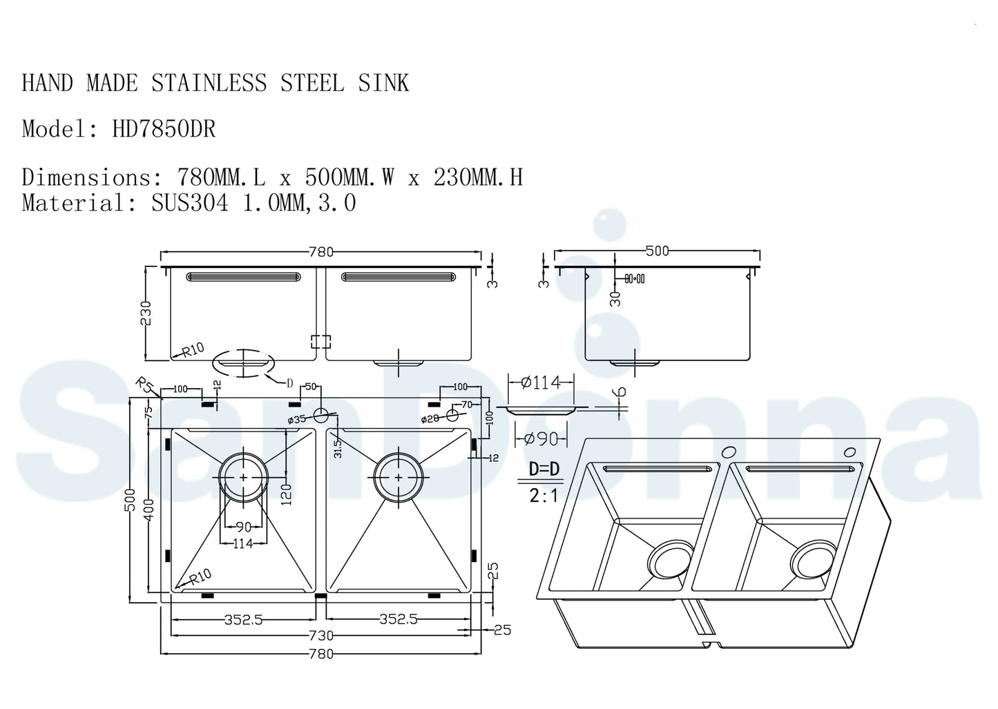 Chiuveta de bucatarie handmade Sandonna HD7850DR din inox cu 2 cuve, tavite si dispenser de sapun + Baterie flexibila Sandonna Mona crom