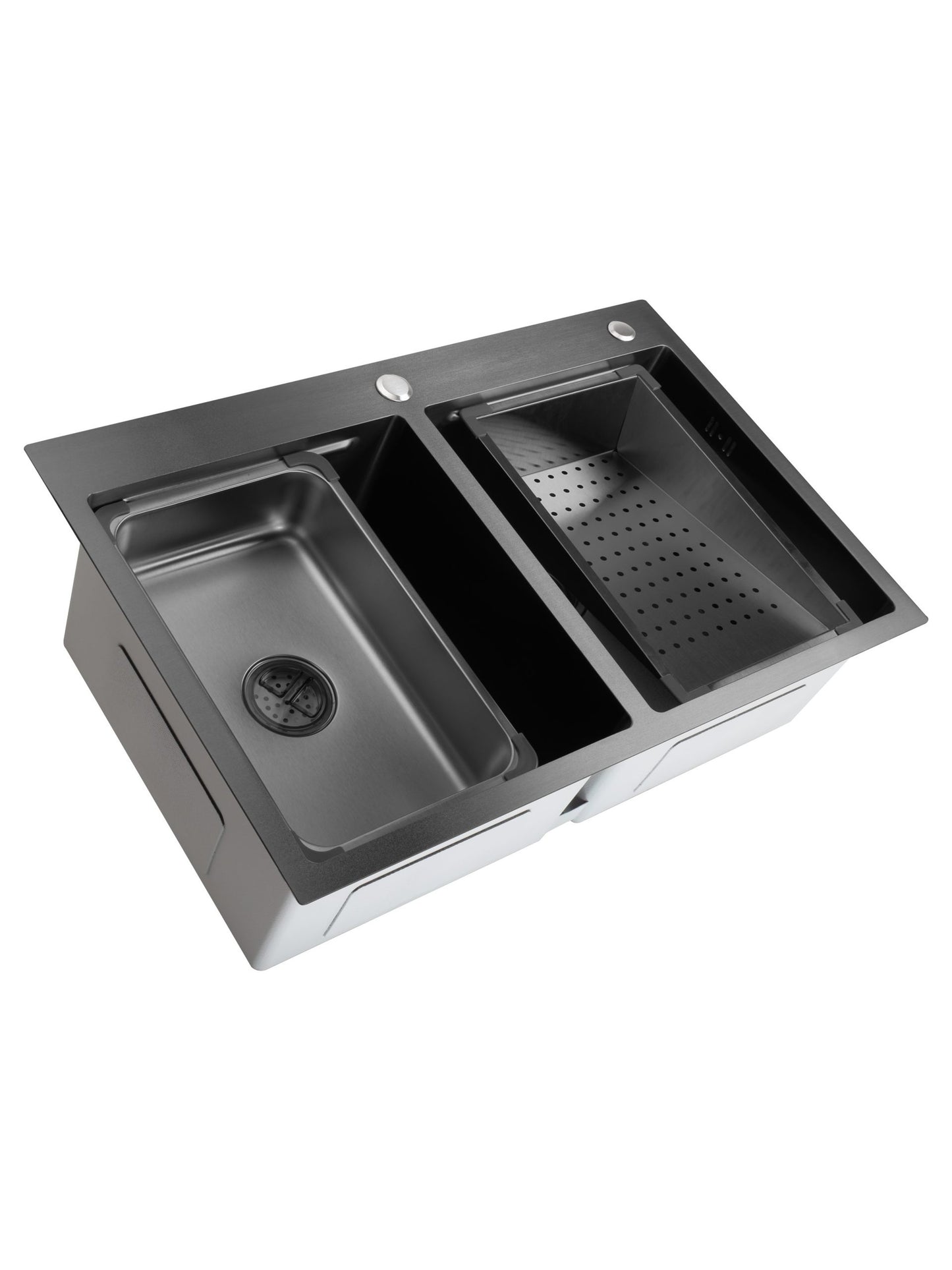 Chiuveta de bucatarie handmade Sandonna HD7850DR cu 2 cuve, tavite si dispenser de sapun + Baterie Charlotte cu dus extractabil