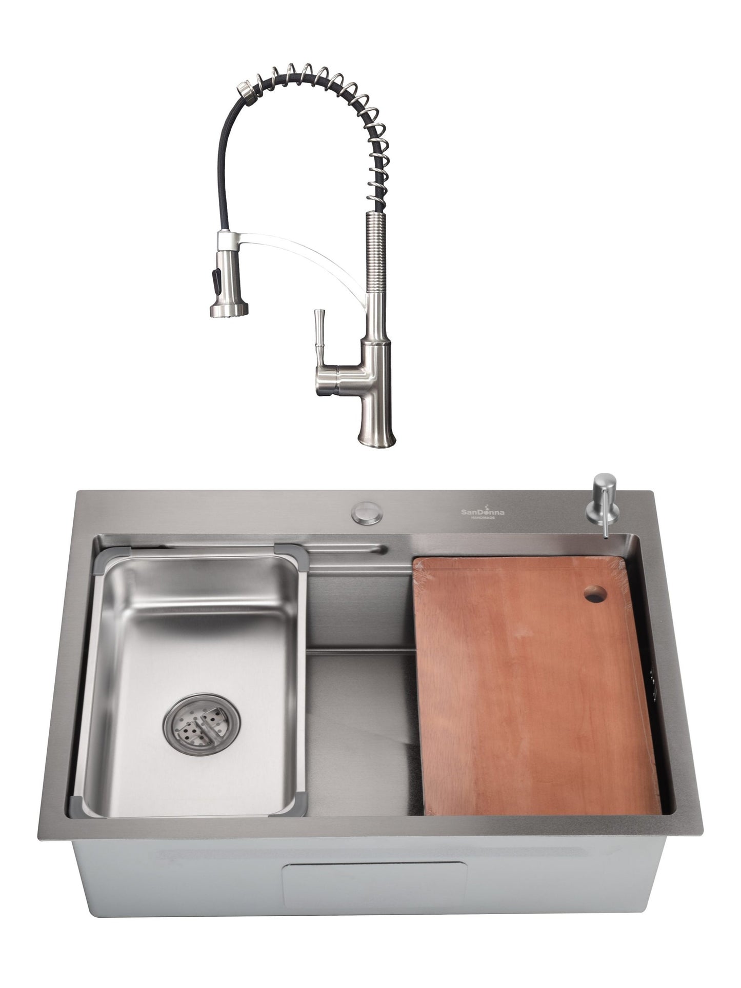 SET Chiuveta SanDonna HD7050 auriu din inox handmade cu dozator de sapun, tavita de scurgere si tocator + Baterie flexibila SanDonna Mona