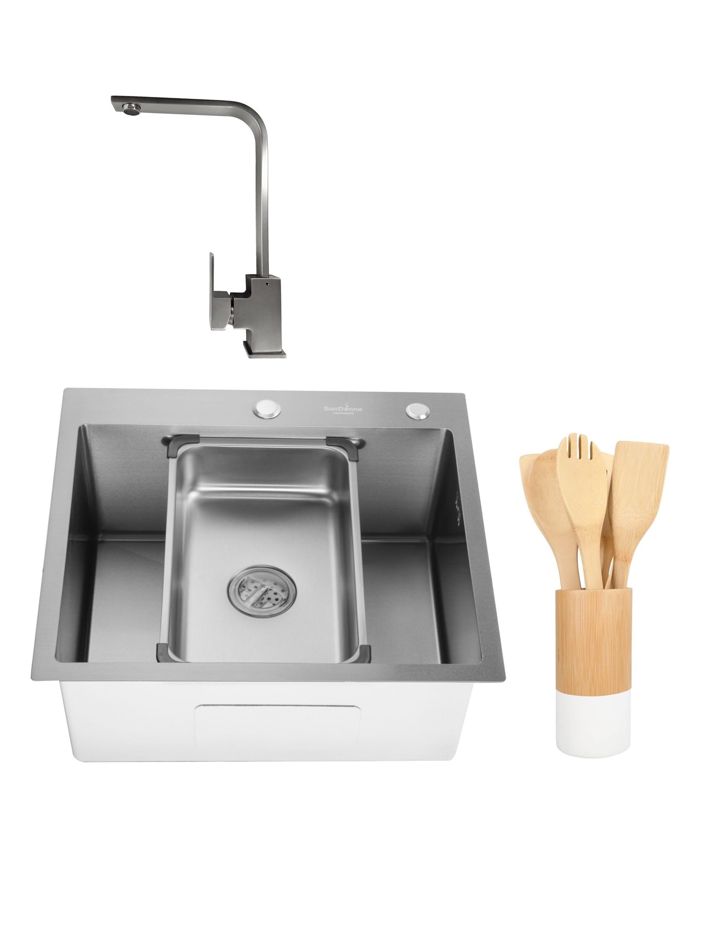 Chiuveta de bucatarie handmade Sandonna HD5550 cu tavita si dozator incluse + Baterie Nera pivotanta + set ustensile pentru gatit - Inox