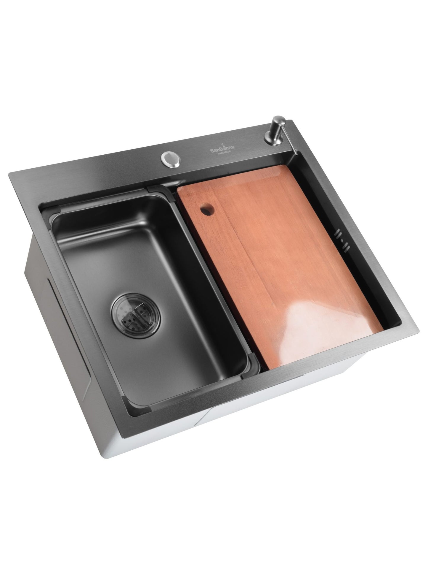 SET Chiuveta SanDonna HD6050 din inox handmade cu dozator de sapun, tocator si tavita de scurgere + Baterie SanDonna Charlotte cu dus extractabil