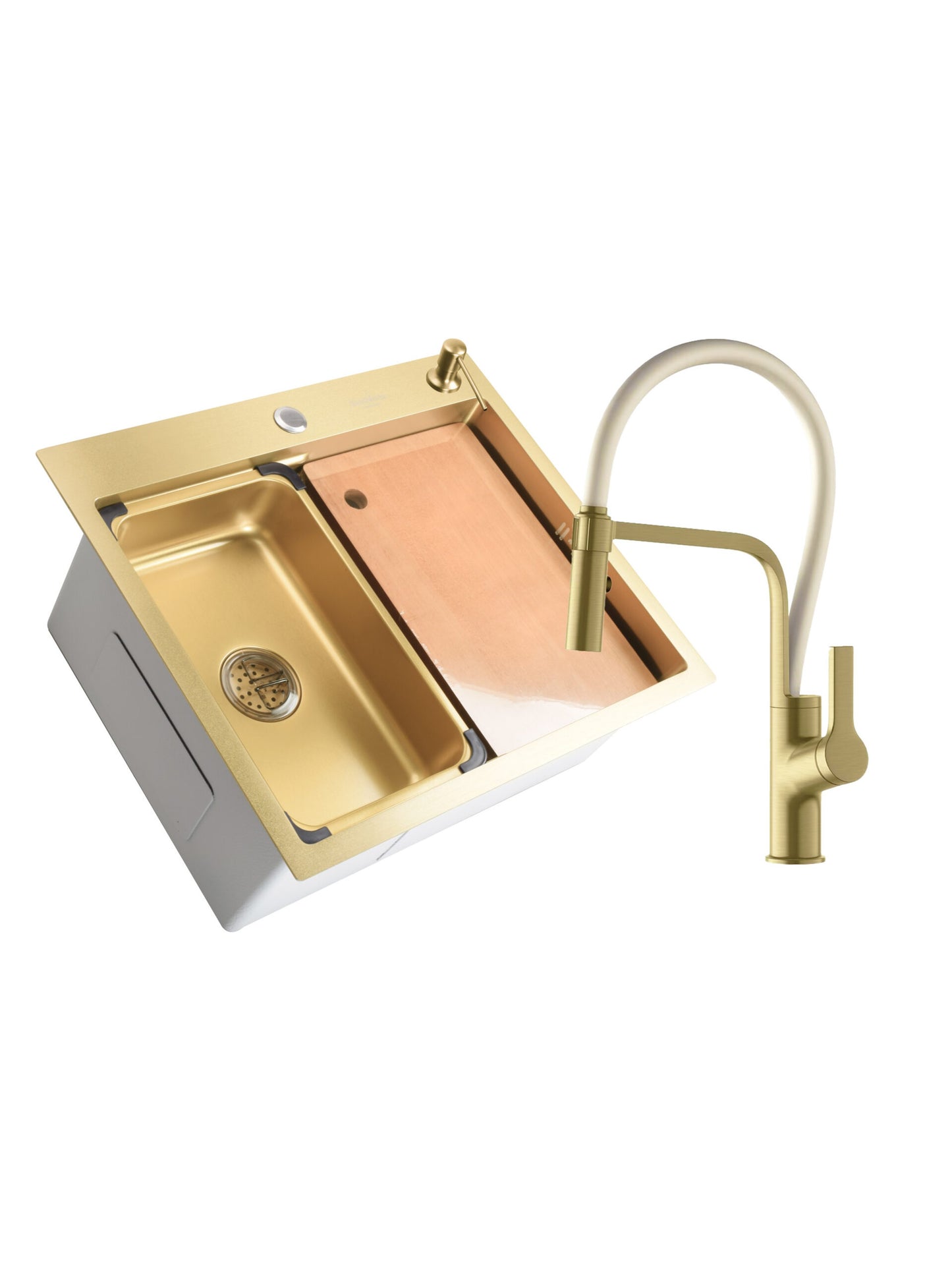 SET Chiuveta SanDonna HD6050 din inox handmade cu dozator de sapun si tavita de scurgere + Baterie flexibila SanDonna ANDRA - Alb-Auriu