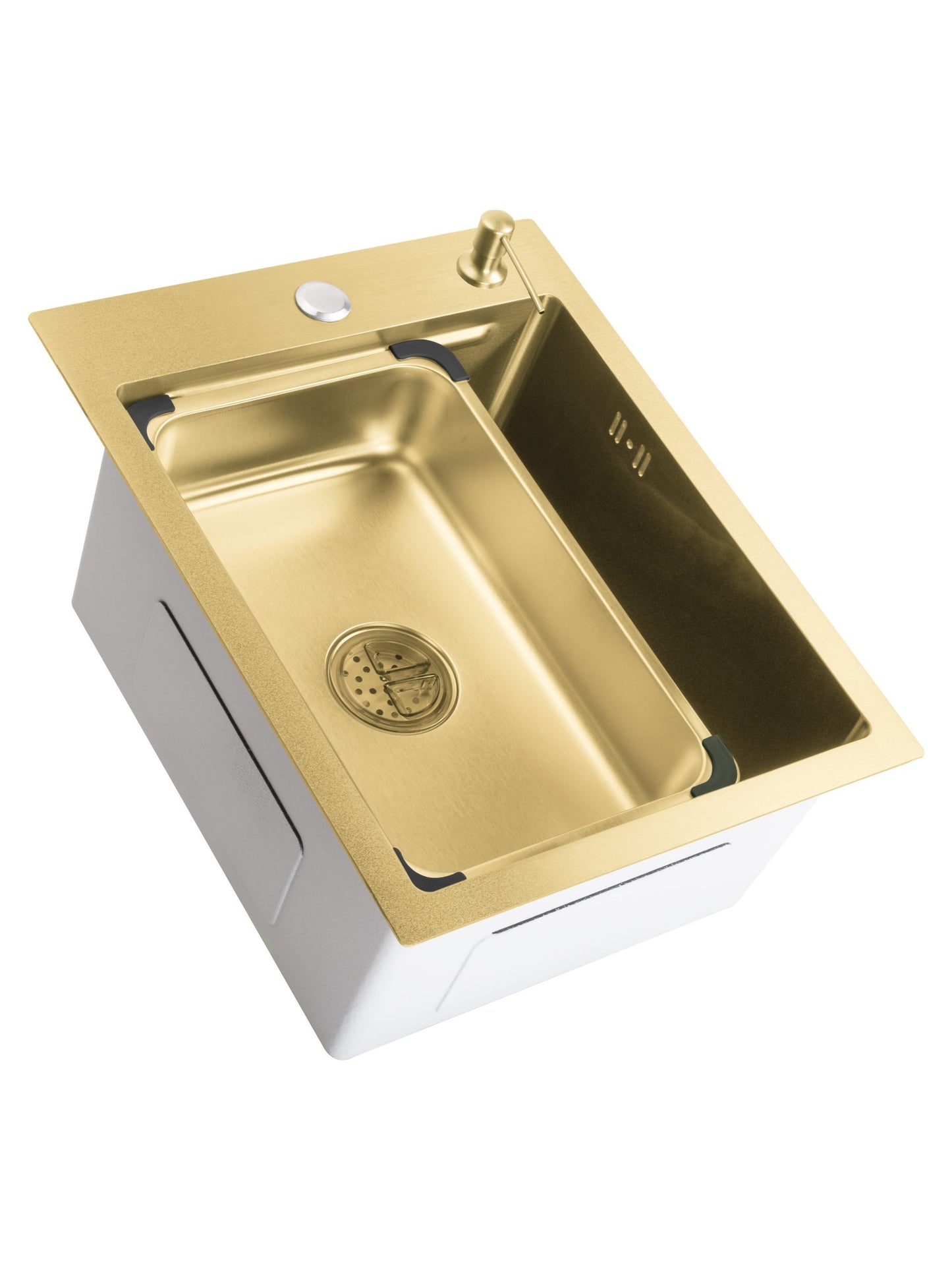 Chiuveta de bucatarie Sandonna HD4050 din inox cu tavita si dispenser + Baterie Andra auriu-alb + Ustensile de gatit din bambus