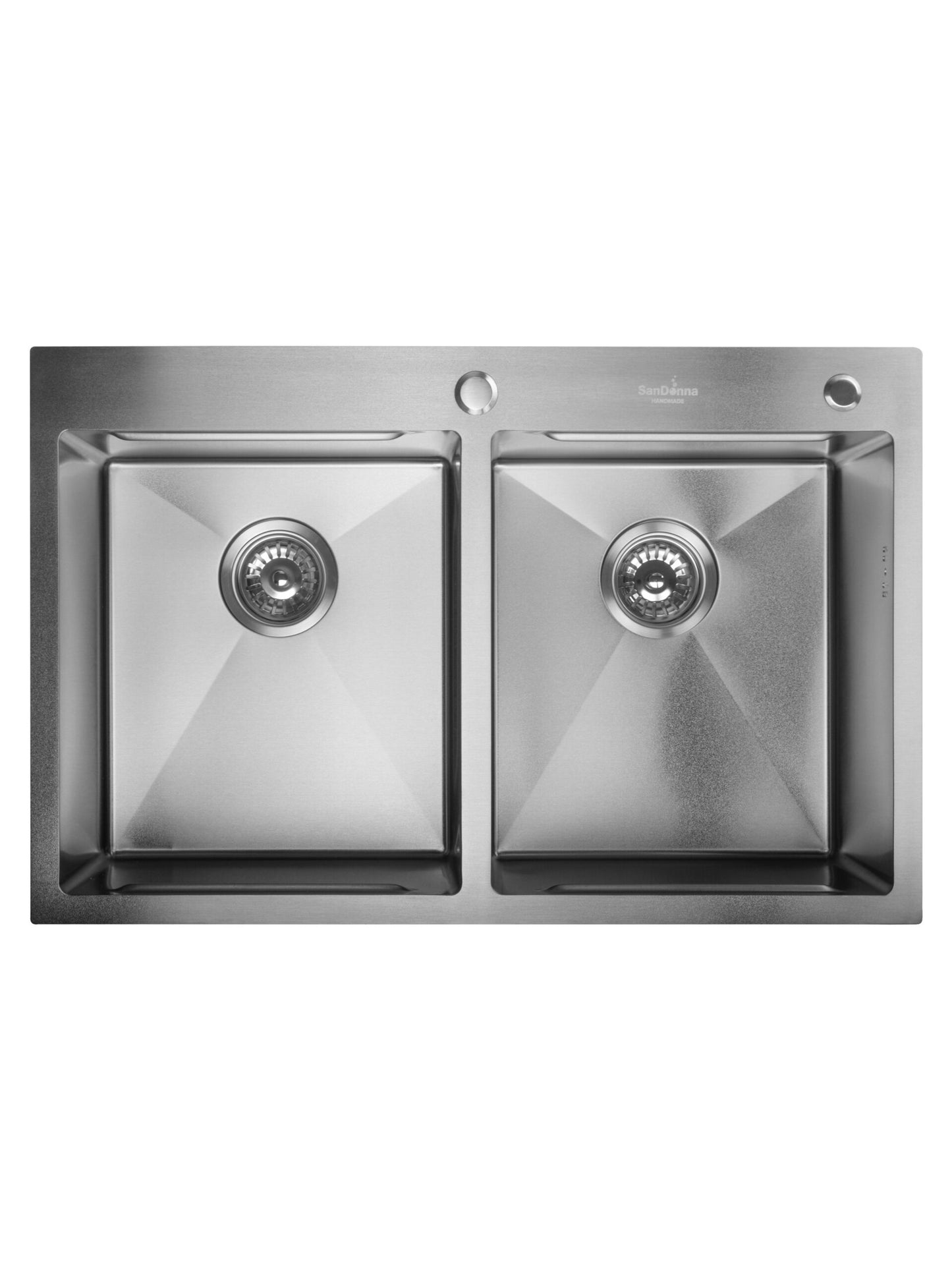 Chiuveta de bucatarie handmade Sandonna HD7850DR din inox cu 2 cuve, tavite si dispenser de sapun + Baterie flexibila Sandonna Mona crom