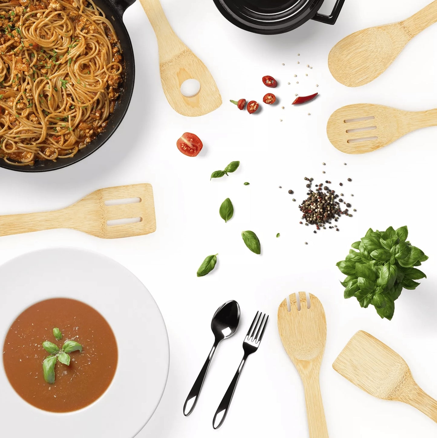 SET Chiuveta SanDonna din inox HD5550 aurie cu tavita si dozator + Baterie SanDonna ANDRA auriu-alb + ustensile de bucatarie din bambus