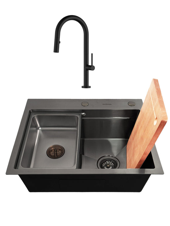 SET Chiuveta SanDonna HD6050 din inox handmade cu dozator de sapun, tocator si tavita de scurgere + Baterie SanDonna Charlotte cu dus extractabil