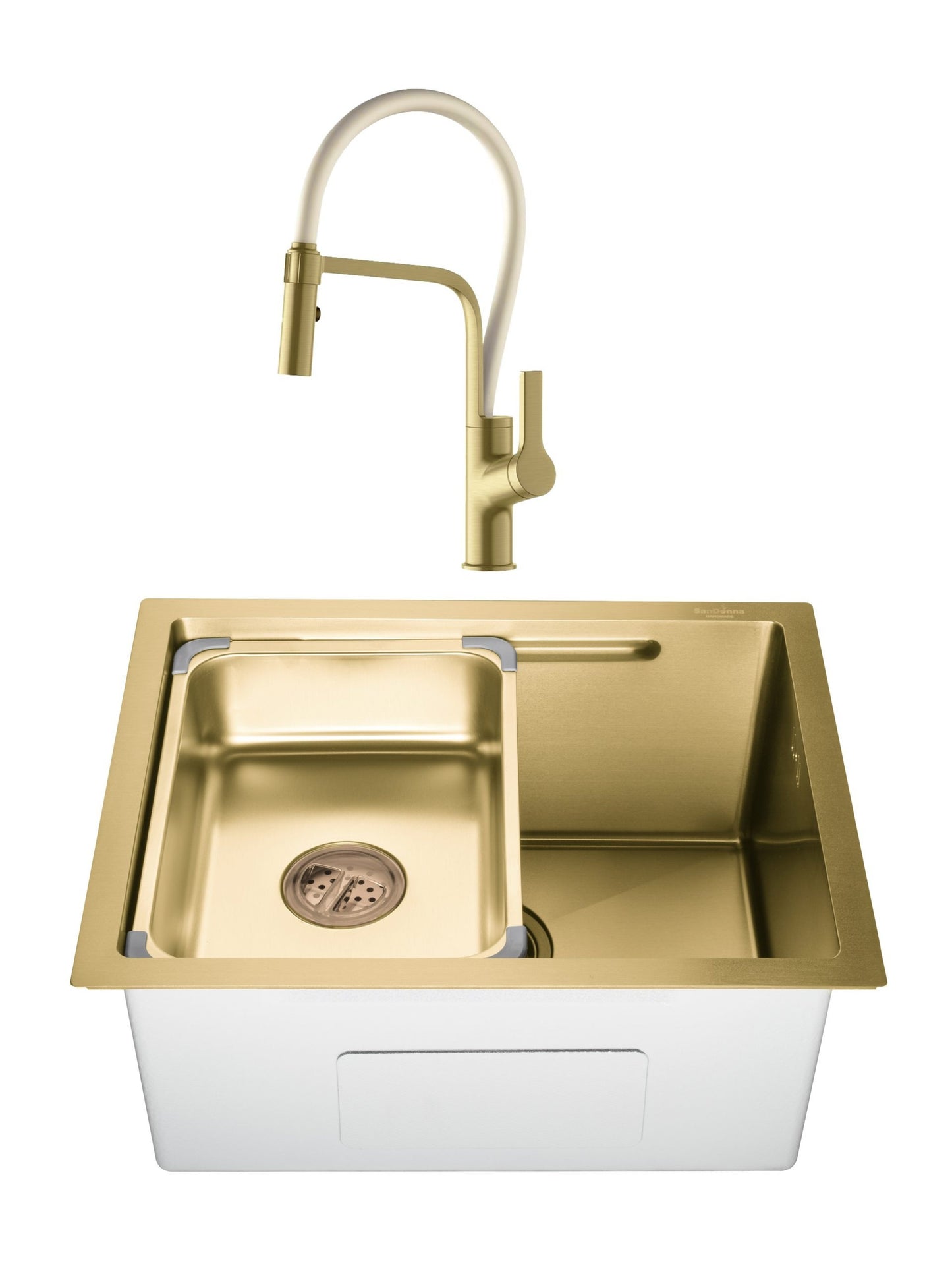 SET Chiuveta SanDonna HD5040 aurie din inox HandMade sub blat + Baterie SanDonna ANDRA flexibila, auriu-alb