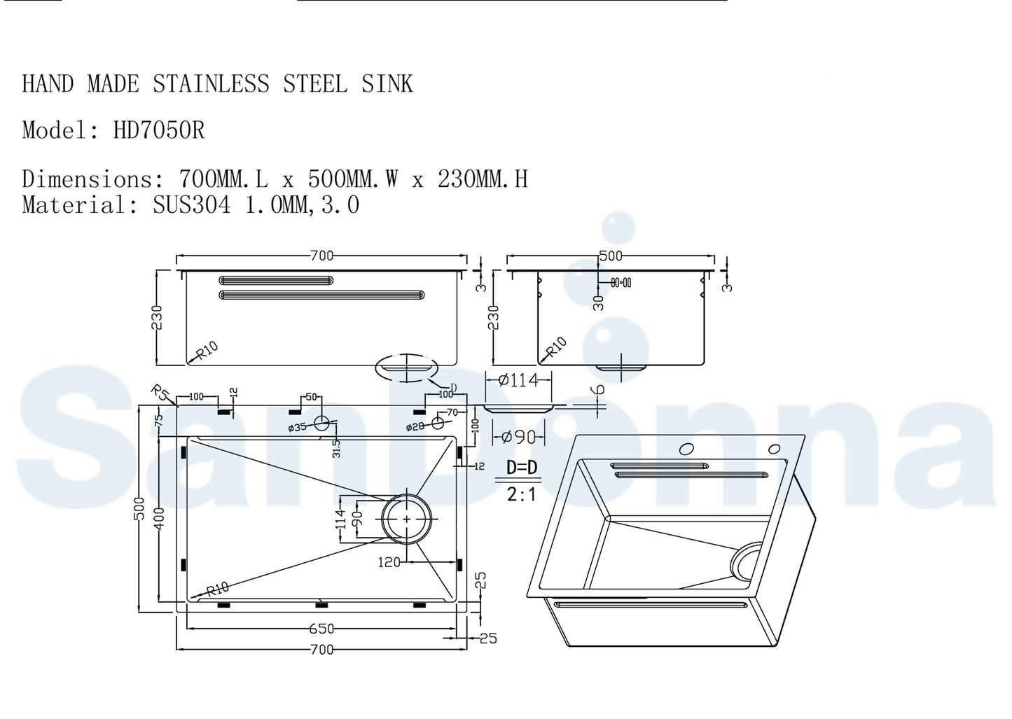 SET Chiuveta SanDonna HD7050 negru din inox handmade cu dozator de sapun, tavita de scurgere si tocator + Baterie flexibila SanDonna Charlotte negru