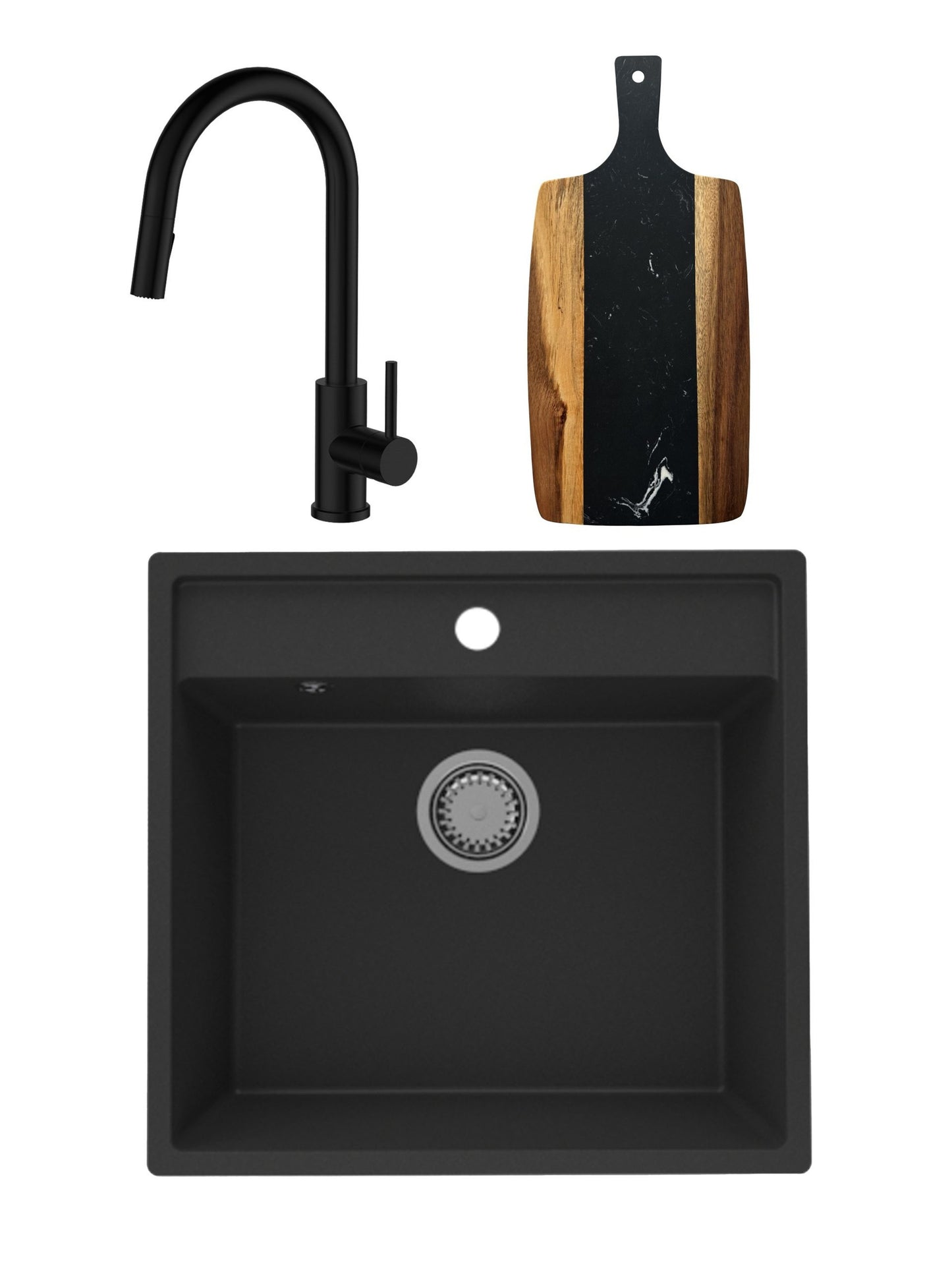 SET Chiuveta granit compozit SanDonna SELENA + Baterie Amelia cu dus extractabil + tocator din marmura si lemn