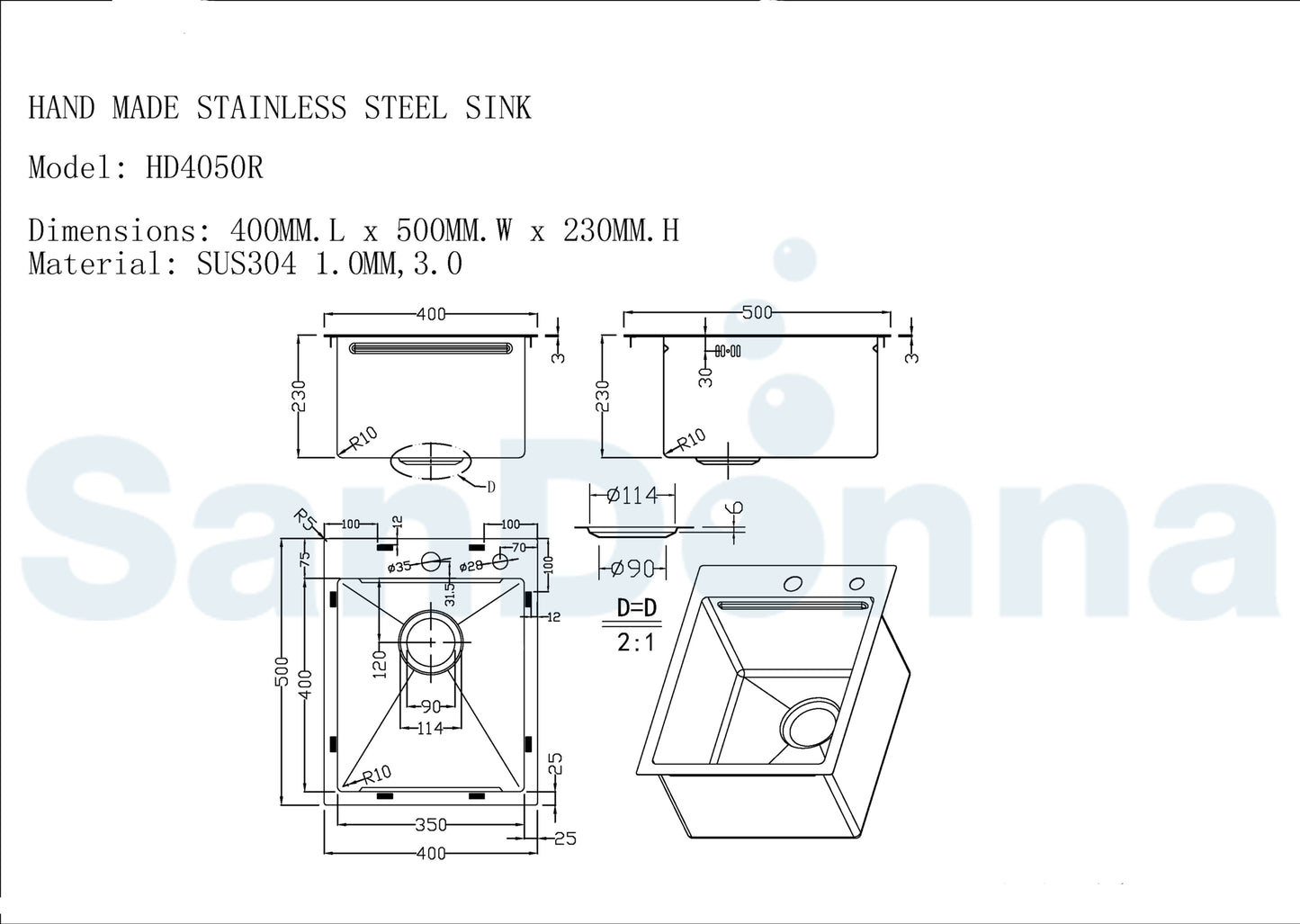 SET Chiuveta SanDonna HD4050 din inox cu tavita si dozator + Baterie SanDonna Charlotte cu dus retractabil