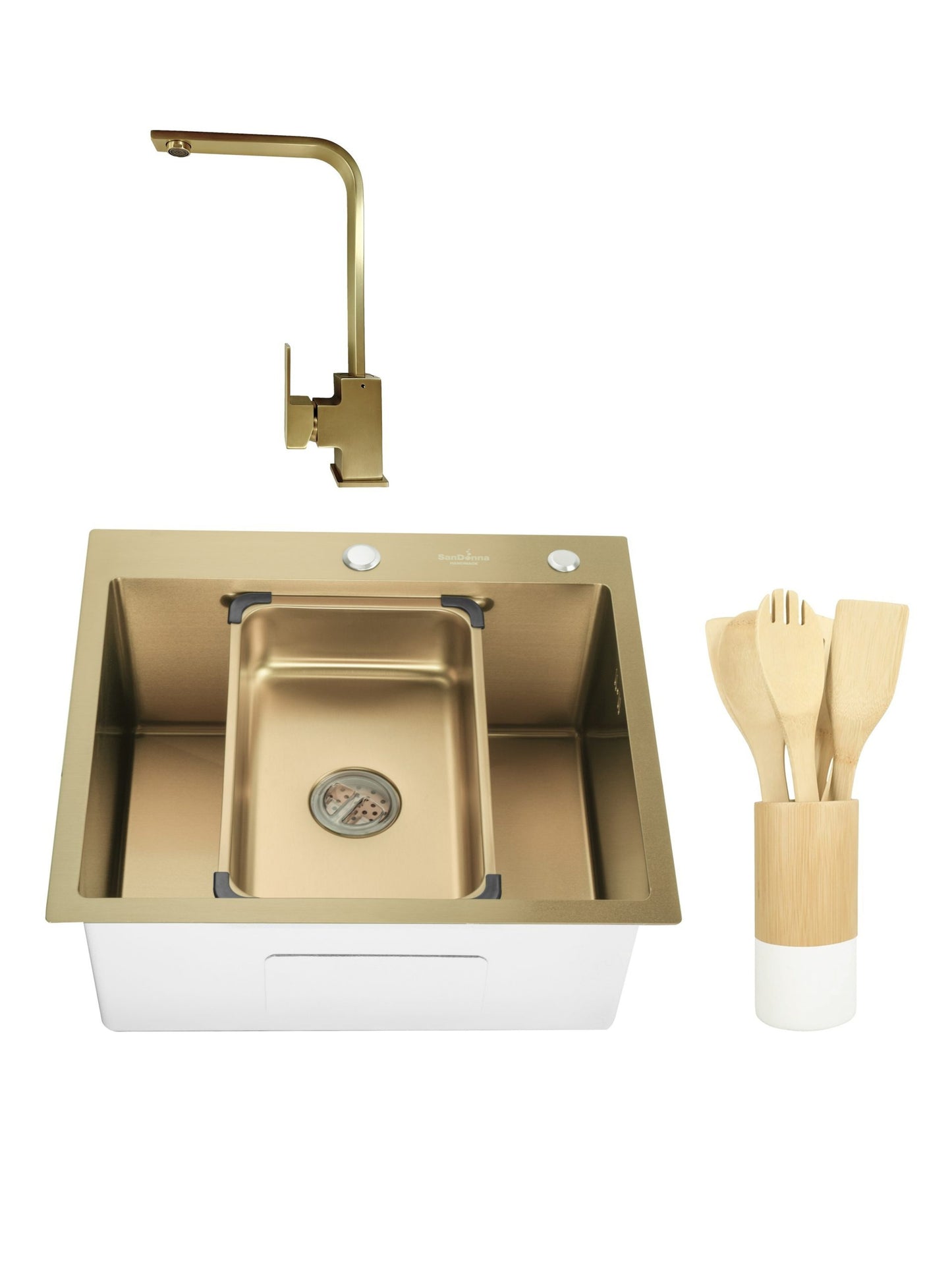 Chiuveta de bucatarie handmade Sandonna HD5550 cu tavita si dozator incluse + Baterie Nera pivotanta + set ustensile pentru gatit - Auriu