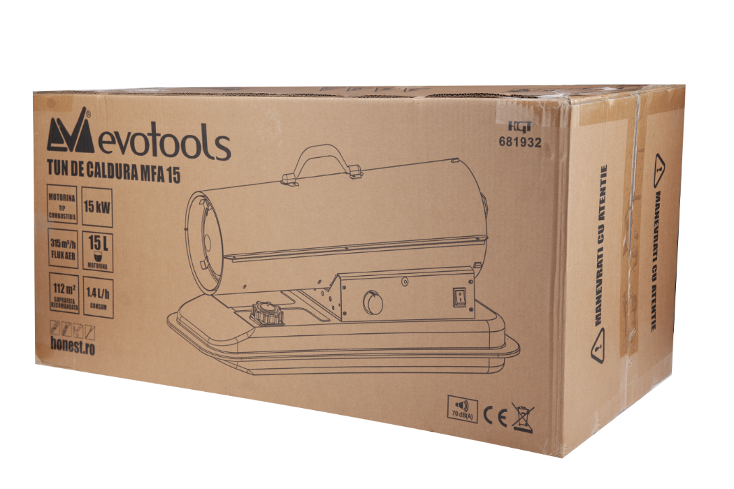 Tun caldura motorina EVOTOOLS MFA-15, 15kW, rezervor 15L, aprindere electrica, 315 m³/h, 230V