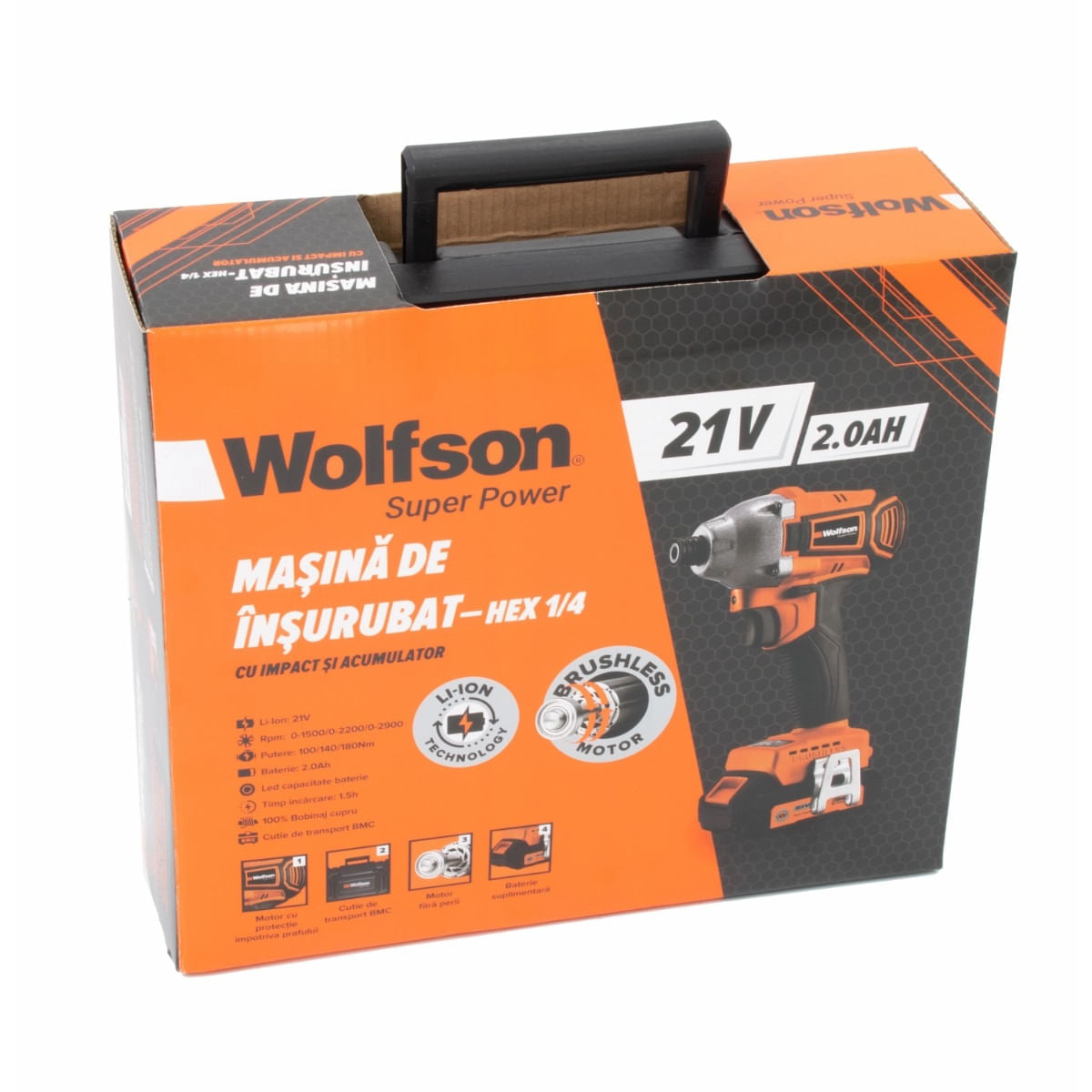 Masina de insurubat cu impact Wolfson 21V 2Ah, 2 acumulatori, Brushless, 180Nm, Hex 1/4