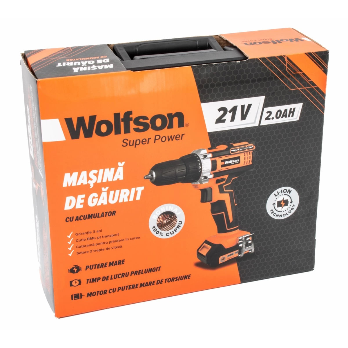 Masina de gaurit cu acumulator Wolfson 21V 2Ah, 2 acumulatori, 29Nm, 1450rpm