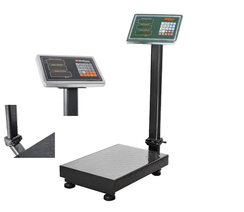 Cantar comercial PROFESIONAL cu brat rabatabil WOLFSON, 350 kg, platforma 40×50 cm, afisaj LCD, baterie + 220V