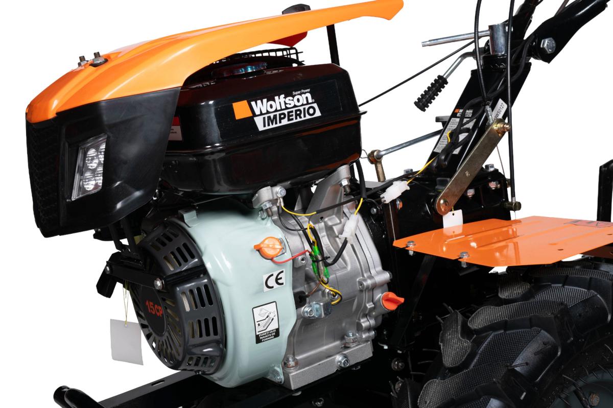 Motocultor benzina Wolfson Imperio 15CP, latime lucru 70–140cm, 40 cutite, roti transport 6.50x12, priza putere, far