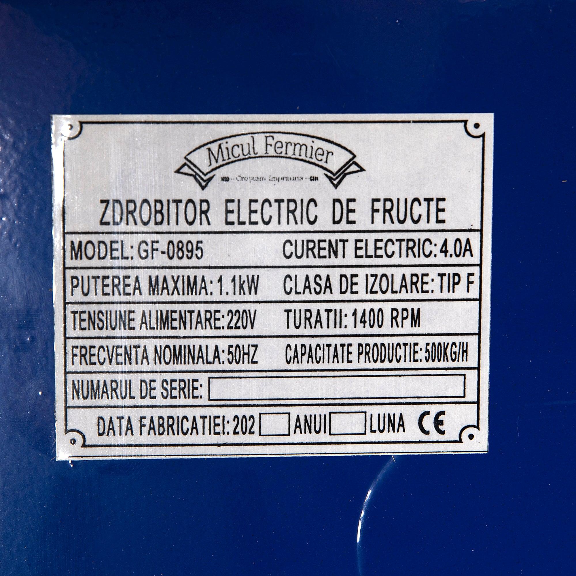 Zdrobitor Fructe Electric Micul Fermier 500Kg/Ora, Motor 1100W - ZEP.RO - Ți-e la îndemână!