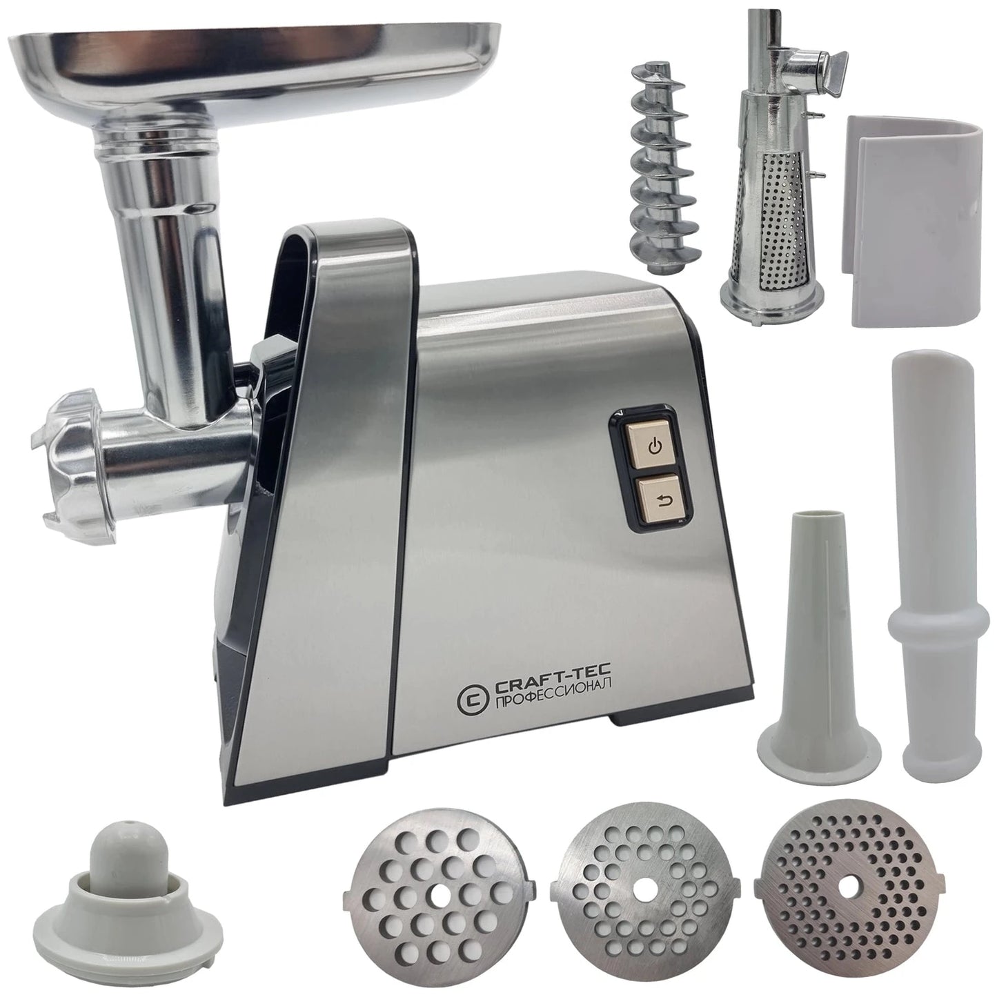 Masina de tocat carne Craft-Tec Inox 3500W, Accesorii rosii, carnati, chiftele, 3 site, functia revers, - ZEP.RO - Ți-e la îndemână!