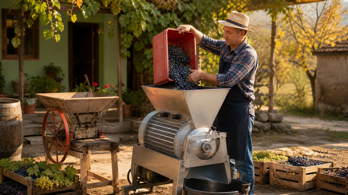 Zdrobitor de struguri folosit în timpul recoltei de toamnă