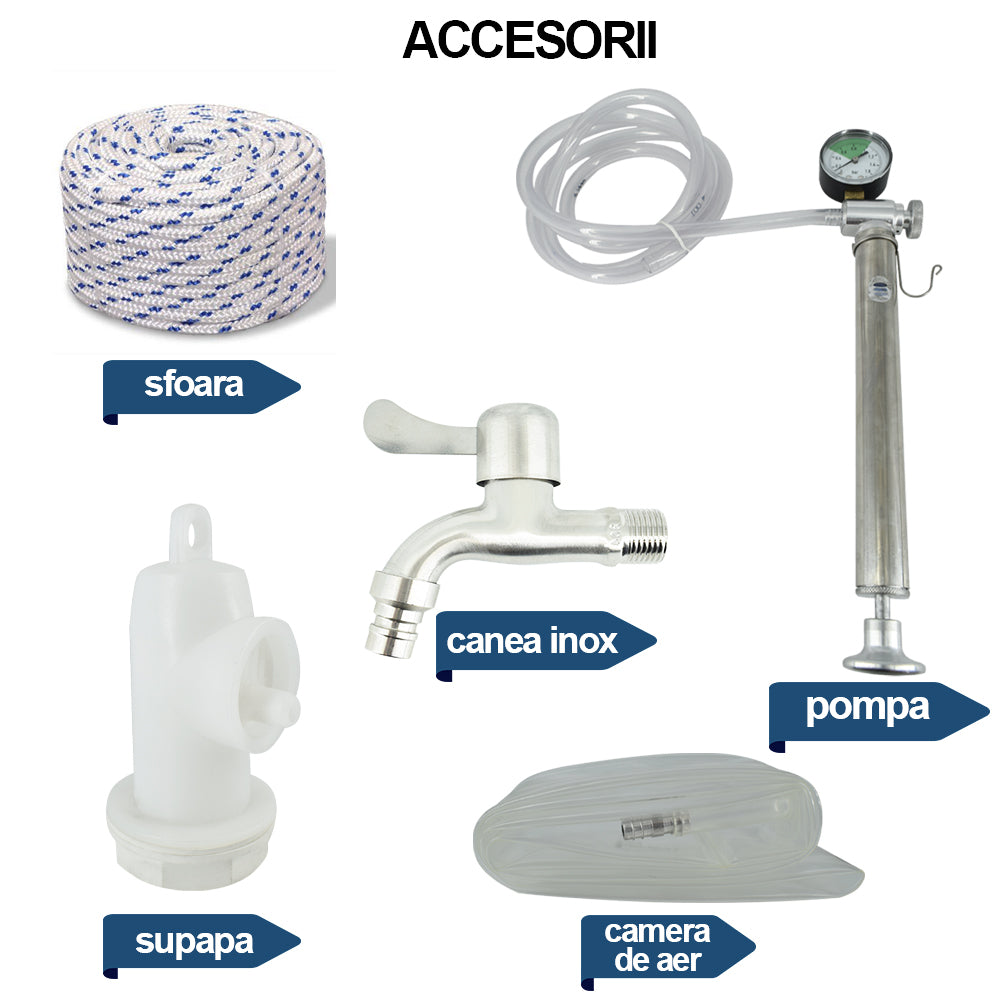 Butoi inox ZEP 350L cu capac flotant, camera silicon alimentar, pompa si robinet inox, AISI 304 Italia