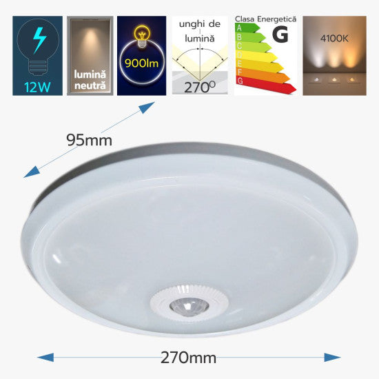 Plafoniera LED cu senzor miscare 12W, Ø270x95 mm, 900 lm, 4100K