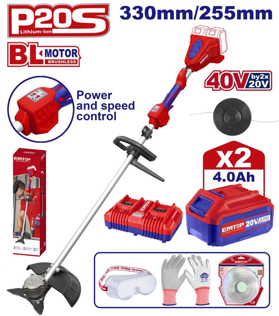 Motocoasă Electrică EMTOP cu Fir, 2 Acumulatori 4.0Ah, Motor Fără Perii (Brushless), 330mm/255mm, Accesorii Incluse – ELMR200285