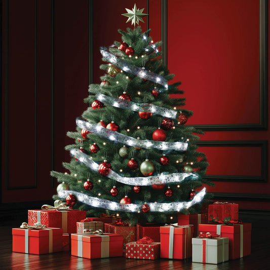 Banda LED decorativa 15 m, 150 LED alb rece, 8 moduri, timer 6h/18h, panglica aurie, interior exterior, adaptor inclus