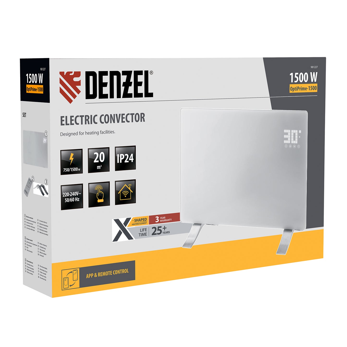 Convector electric Denzel OptiPrime-1500, 1500W, Wi-Fi, ecran tactil, termostat digital, montaj pe perete sau podea