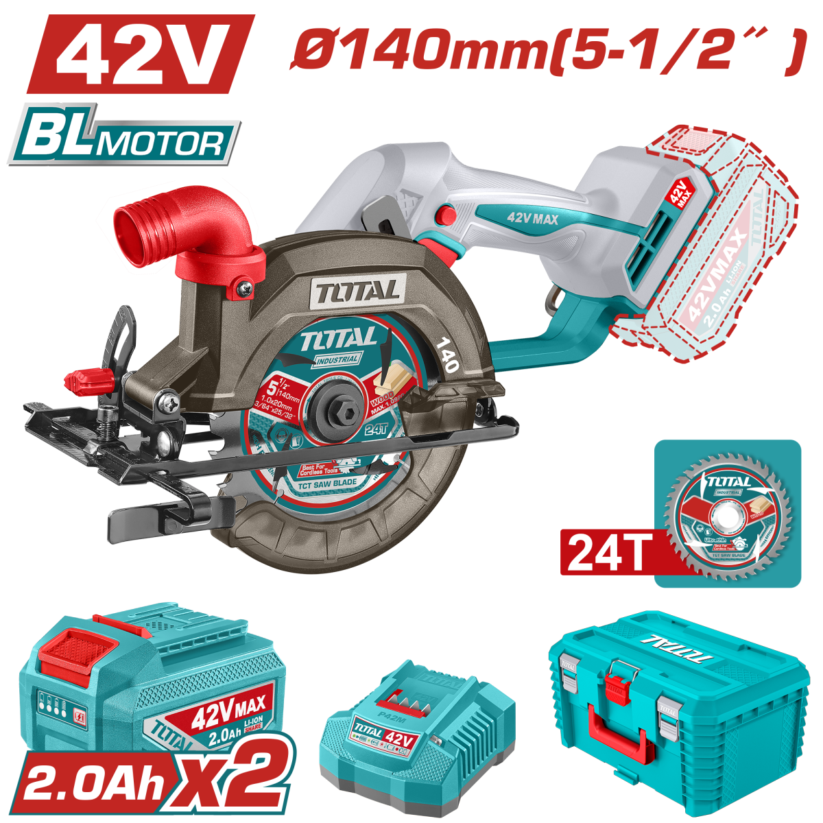 Fierastrau circular TOTAL 42V, 140 mm, 6300 rpm
