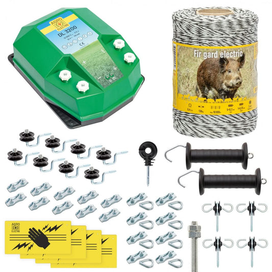 Pachet gard electric complet 500m 3.2 Joule pentru animale salbatice fir izolatori maner poarta conectori