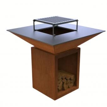 Gratar cu plita 10 mm si vatra pe lemne, otel Corten, 975x975 mm, inaltime 1050 mm, cu spatiu pentru lemne, 140 kg