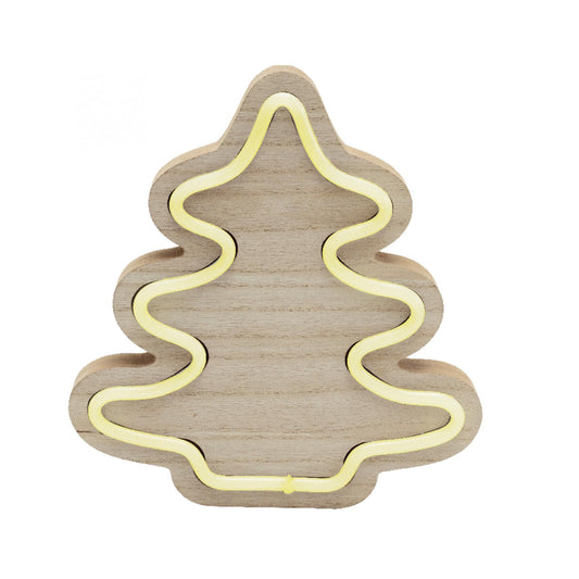 Decor Masa LED Brad din Lemn 23 cm, Neon Light Alb Cald, Banda LED, Alimentare 3xAAA – KAD 28