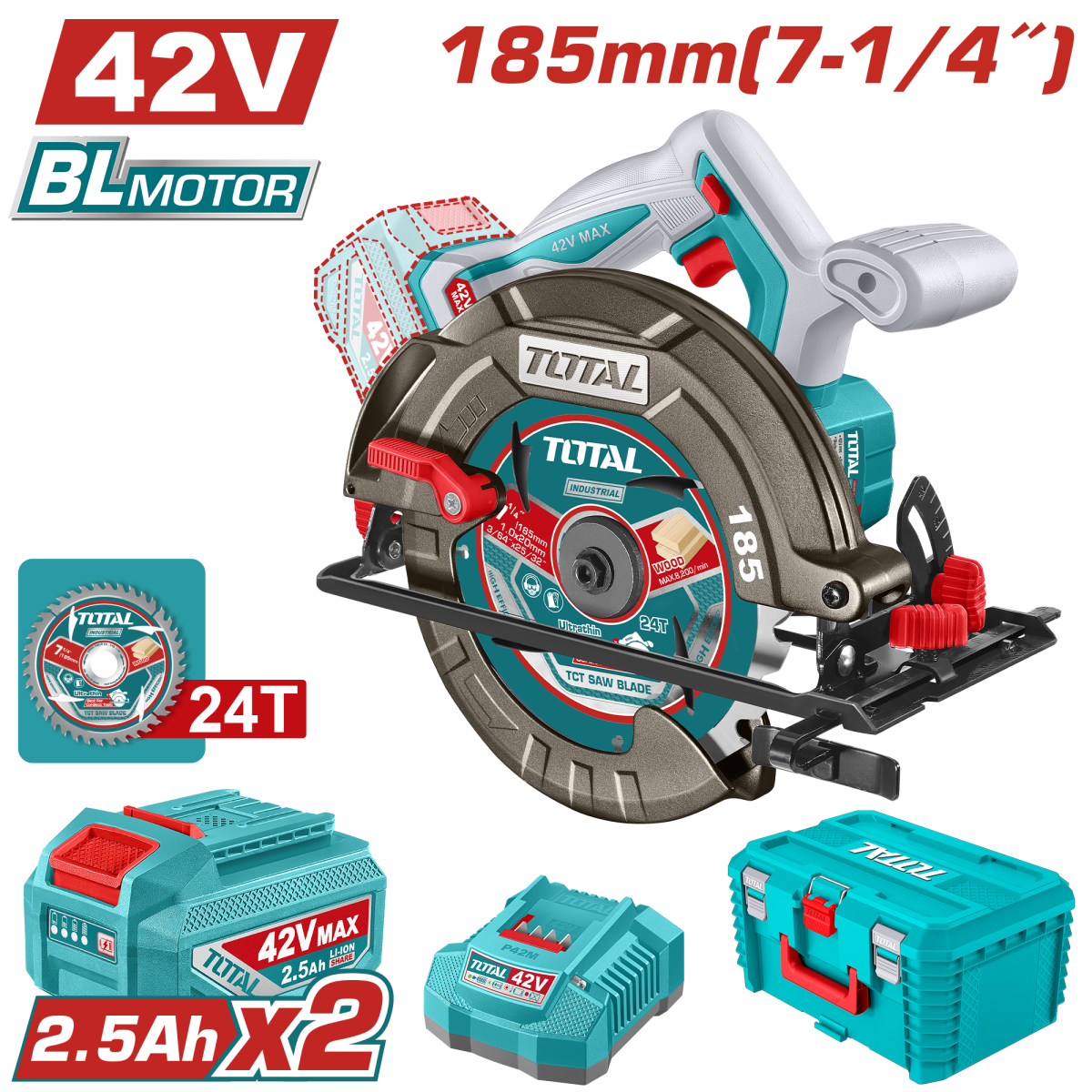 Fierastrau circular TOTAL 42V, 185 mm, 4800 rpm