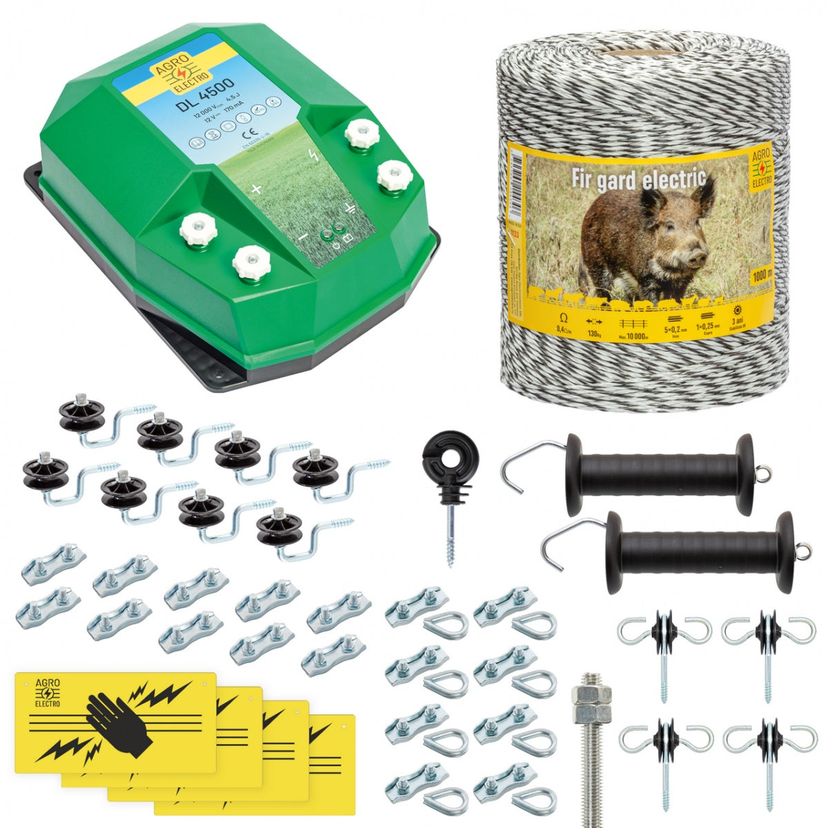 Pachet gard electric complet 1000m 4.5 Joule pentru animale salbatice fir izolatori maner poarta conectori