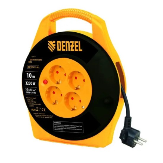 Prelungitor DENZEL 10 m cu tambur, 4 prize, cutie inchisa, IP20, 3G1.5 mm, 14A