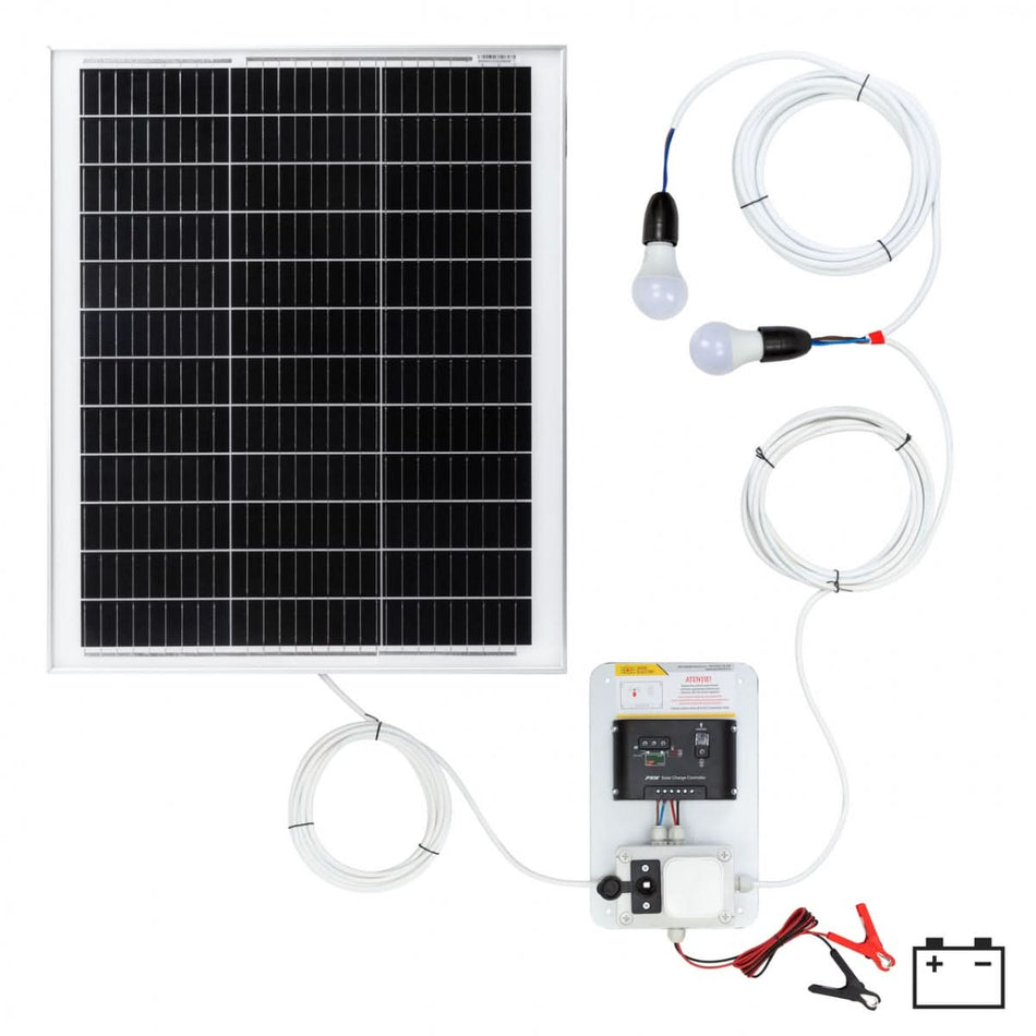 Sistem iluminat solar 50W cu regulator încărcare PWM 10A și 2 becuri LED