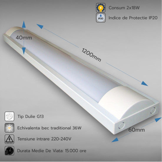 Corp Neon Fida, 2x18W, G13, 1200 mm