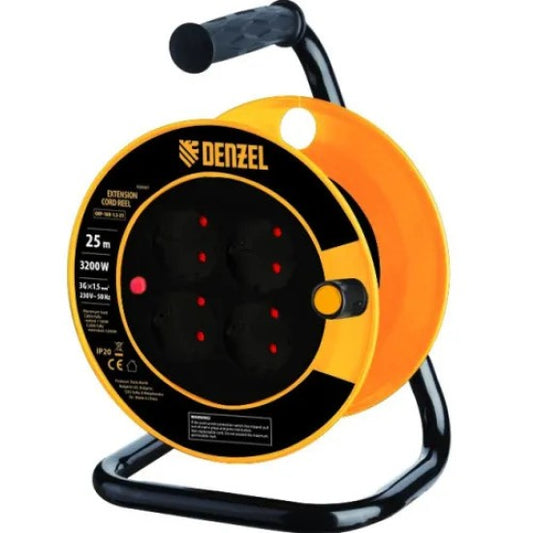 Prelungitor DENZEL 25 m cu tambur, 4 prize, IP20, cablu H05VV-F 3G1.5 mm, 14A