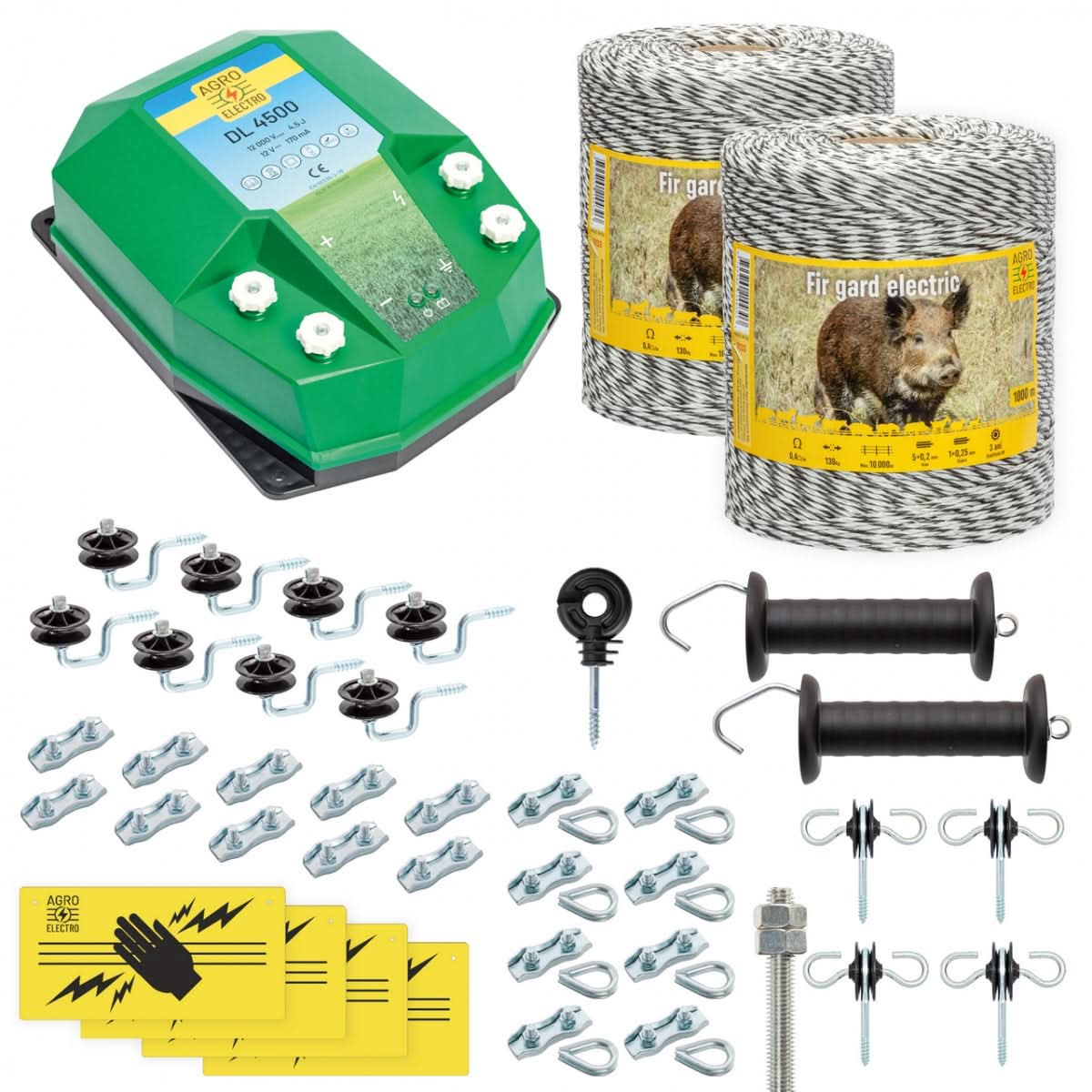 Pachet gard electric complet 2000m 4.5 Joule pentru animale salbatice fir izolatori maner poarta conectori