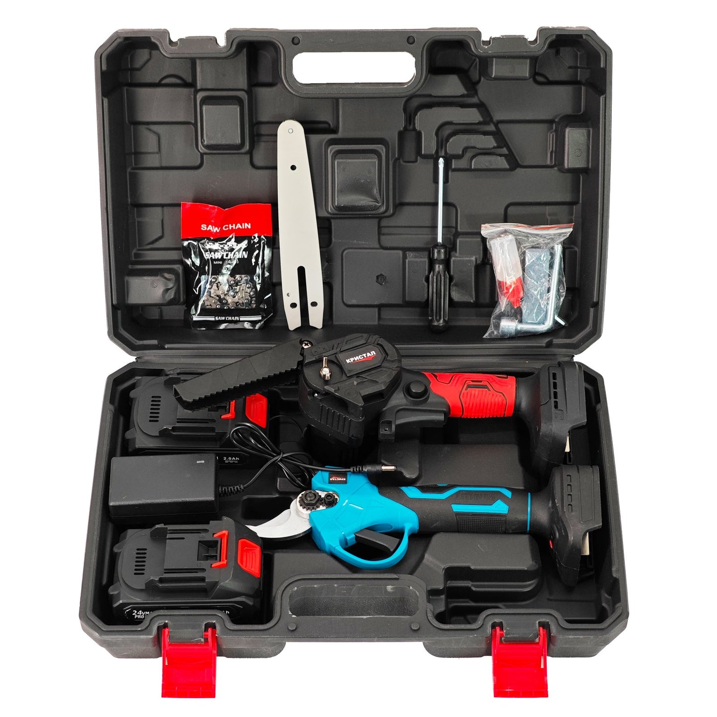 Set mini drujba si foarfeca electrica cu 2 acumulatori 24V 2Ah DDT CRISTAL cu accesorii incluse