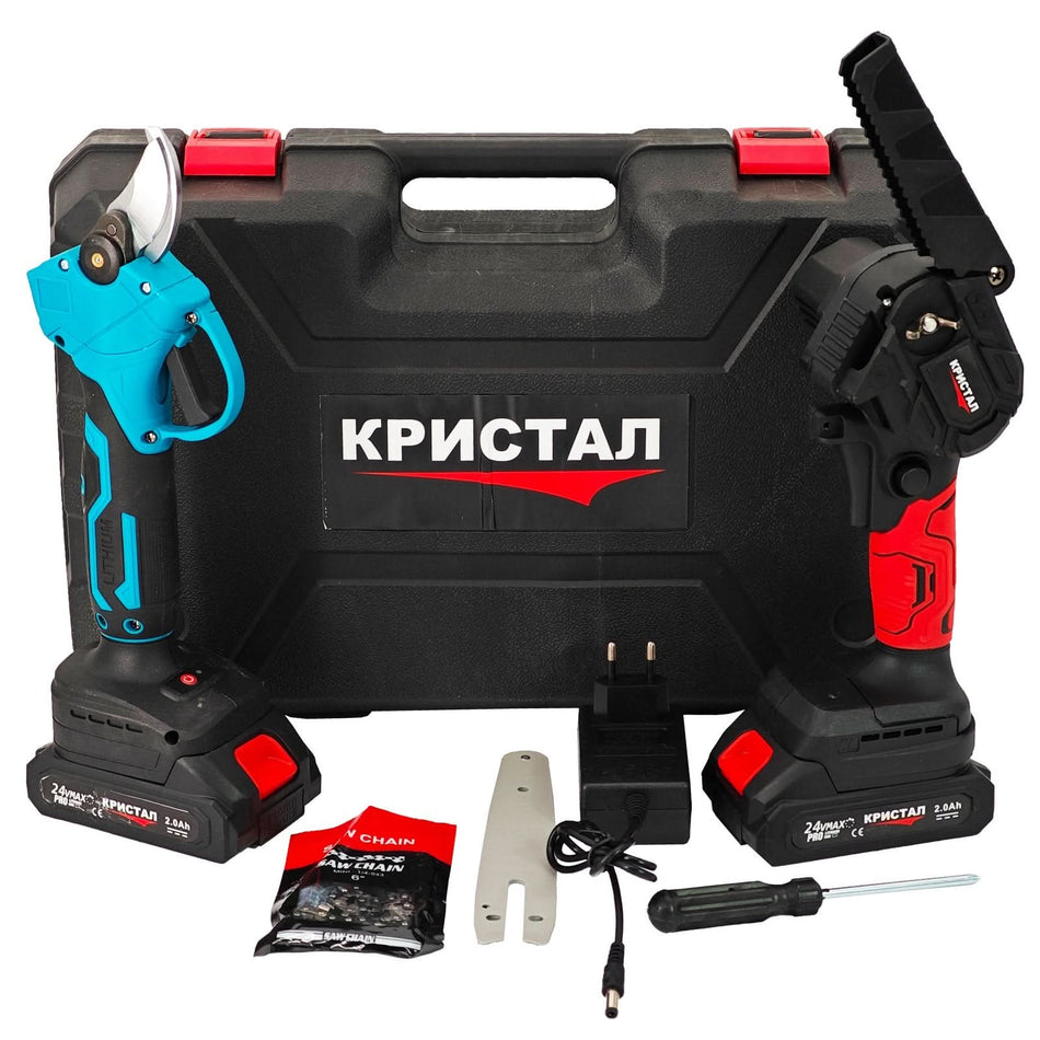 Set mini drujba si foarfeca electrica cu 2 acumulatori 24V 2Ah DDT CRISTAL cu accesorii incluse